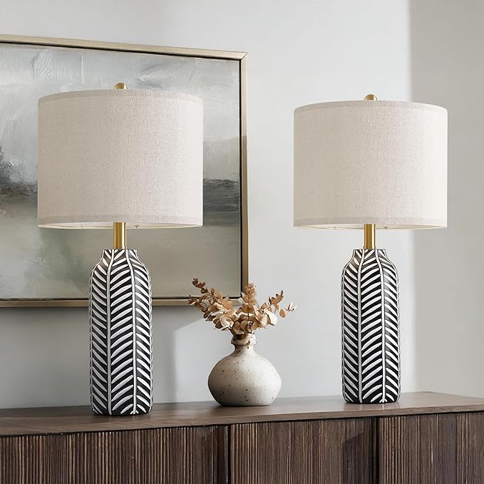 BOBOMOMO 26" Farmhouse Black Table Lamps Set of 2 – Rustic Resin Lamps with Vintage Leaf Pattern and Linen Shades, Black Bedside Lamps for Bedroom, Living Room, Office, Entryway, Console Table