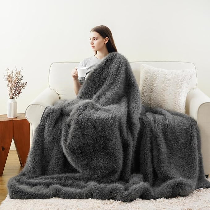 BATTILO HOME Luxury Fluffy Grey Faux Fur Throw Blanket, Cozy Warm Fur Blanket for Couch, Sofa, Chair, Bed, Plush Fuzzy Fur Throws with Long Pile, 60"x80"