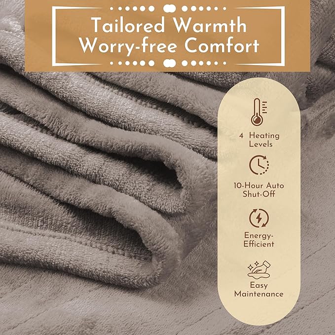 Electric Heated Blanket Microplush Cover Blanket, Full Size 72"x84" with 4 Heat Settings & 10 Hours Auto Off, Cozy & Warm for All Night, Machine Washable, Linen