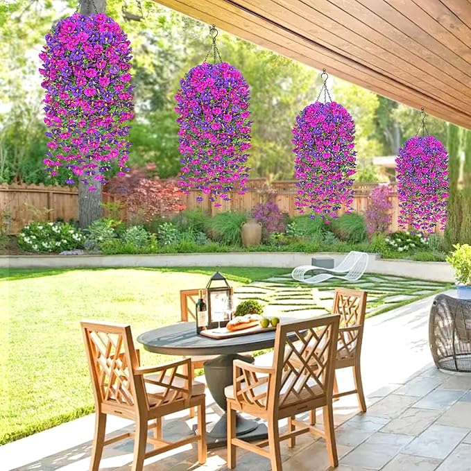 TOCHGREEN 2 Set Artificial Faux Outdoor Flowers with Hanging Basket,2 Hanging Planters Fake Silk Morning Glory Vines Eucalyptus in Planter UV Resistant for Home Front Porch Balcony Garden Yard