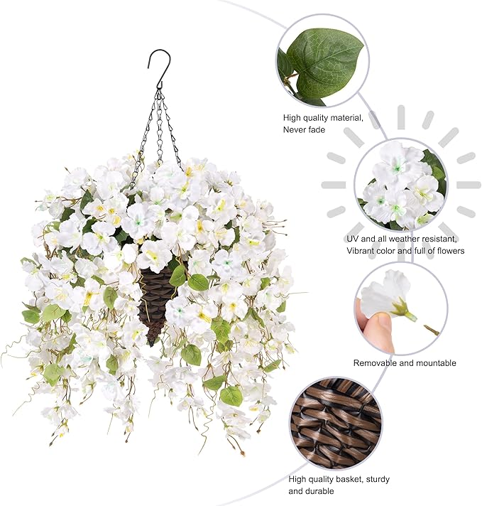 Ivydale Artificial Hanging Flowers Baskets Fake Plants for Outdoors Summer Decoration, Faux Hibiscus UV Resistance Realistic Silk Flowers for Outside Home Patio Porch Balcony Garden Wedding, White