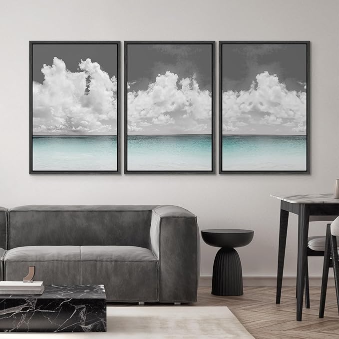 SIGNWIN 3 Piece Framed Canvas Wall Art Clouds Above The Blue Ocean Nature Wilderness Illustrations Abstract Traditional Relax/Calm Home Artwork Decoration for Living Room,Bedroom - 16"x24"x3 Black