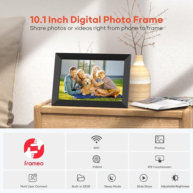 Frameo 10.1 Inch WiFi Digital Picture Frame, 1280x800 HD IPS Touch Screen Photo Frame Electronic, 32GB Memory, Auto-Rotate, Wall Mountable, Share Photos/Videos Instantly via Frameo App from Anywhere