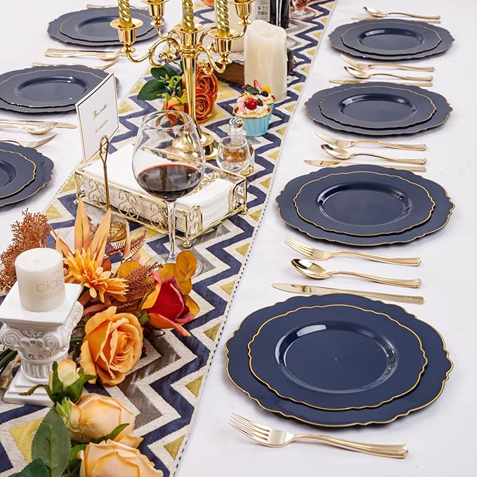 WDF 100pcs Blue Plastic Plates - Baroque Blue&Gold Disposable Plates for Parties/Wedding-50Plastic Dinner Plates 10.25in, 50Salad Plates 7.5in