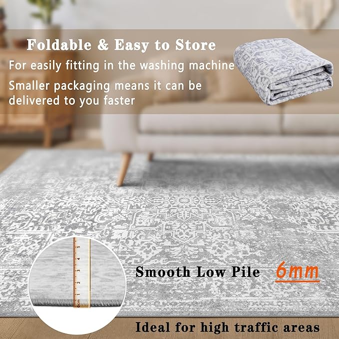 vivorug Runner Rug 2x10 Machine Washable Rug with Non-Slip Backing, Ideal for Kitchen Hallway Entryway Laundry Room - Vintage, Durable, Easy Clean, Low Pile Carpet Runner, Ivory/Silver
