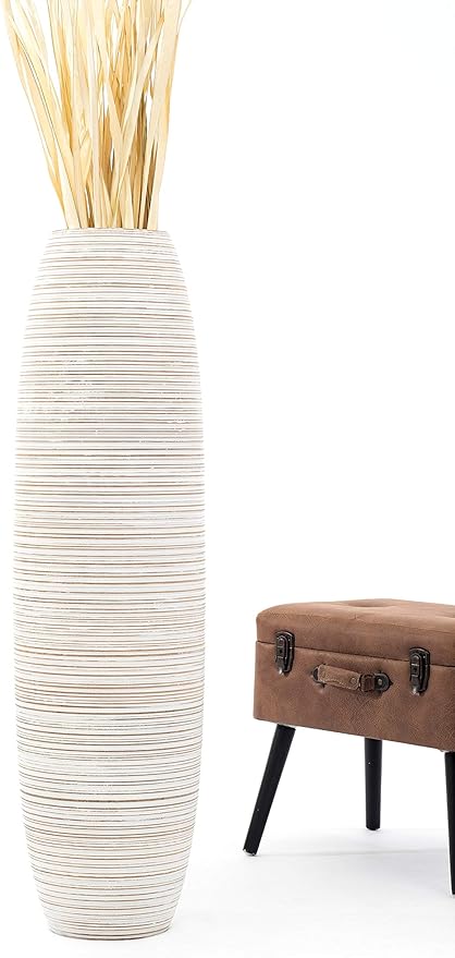 Leewadee Large White Wash Home Decor Floor Vase – Wooden 41 inches Tall Farmhouse Decor Flower Holder for Fake Plant and Pampas Grass