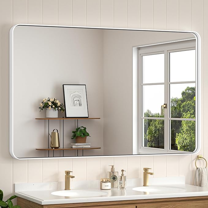 Keonjinn White Bathroom Vanity Mirror 48 x 30 Inch Large Rounded Corner Rectangular Wall Mirror, Farmhouse Mirror, Seamless Metal Frame, HD Tempered Glass Modern Decorative Mirror(Horizontal/Vertical)