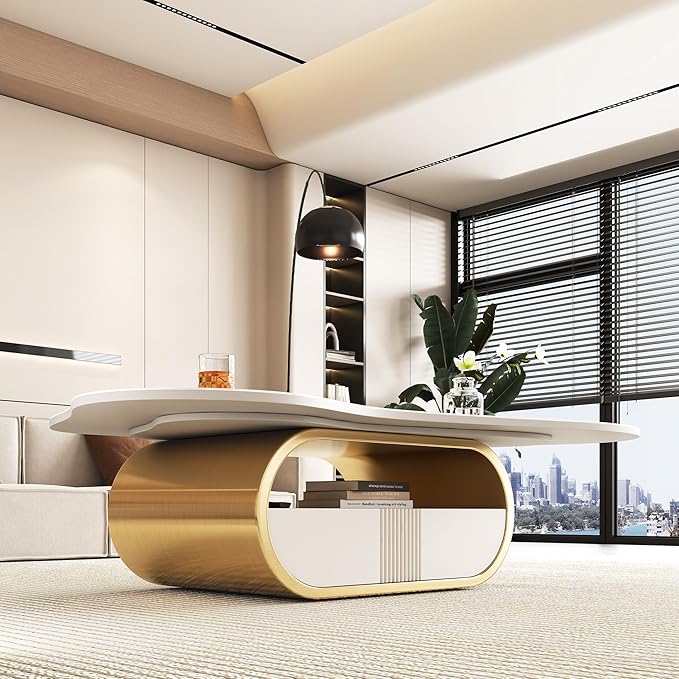 41.7" Marble Coffee Table with Storage Shelf & Drawer, Modern White Gold Coffee Tables for Living Room,Sturdy Stainless Steel Base, Sintered Stone Tabletop, Irregular Tea Cocktail Center Table