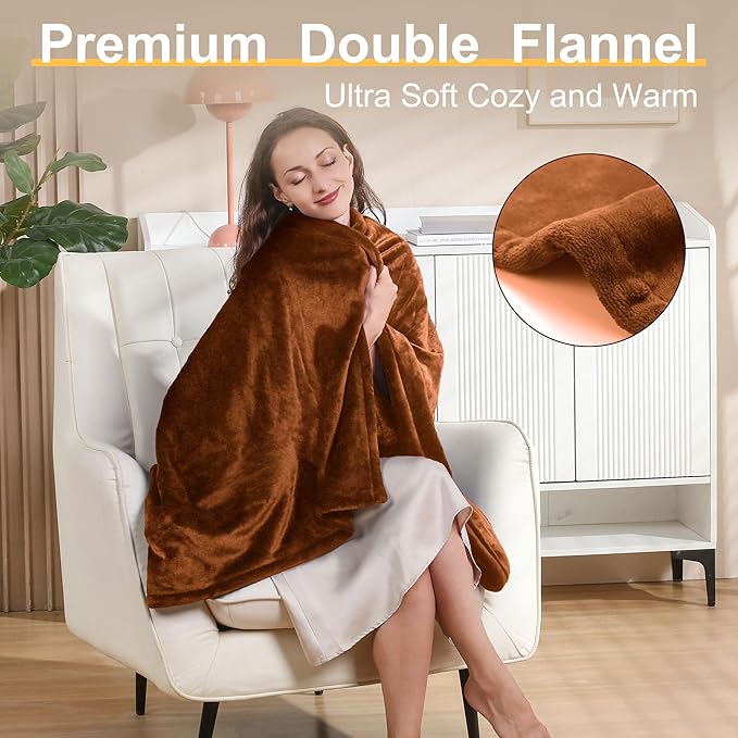 Gintao Electric Heated Blanket, 50"x60" Double Soft Flannel Electric Blanket Throw with 3 Heating Levels,ETL&FCC Certified,4H Auto Off Heating Blanket&Overheat Protection for Home Office,Gifts,Brown