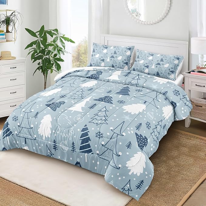 Bedorm Christmas Tree Bedding Comforter Blue Winter Comforter Set Blue White Snowflake Xmas Tree Holiday Decor Cute Christmas Quilt Comforter Set King Size