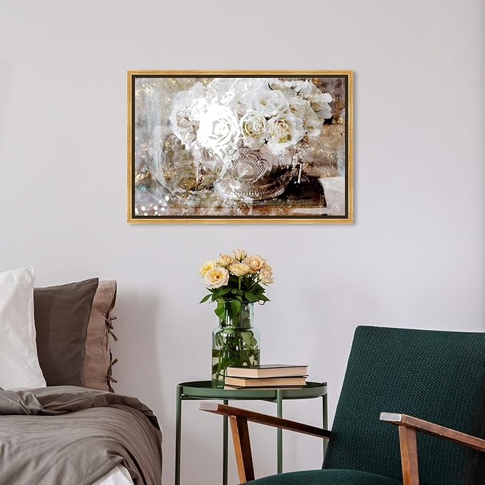 The Oliver Gal Artist Co. Floral and Botanical Framed Wall Art Canvas Prints 'Serving Roses' Florals, White, Gold, 24" x 16"