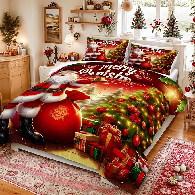 Bedorm Red Christmas Bedding Comforter Santa Claus Comforter Set Green Red Christmas Tree Holiday Decor Boys Girls Cute Xmas Quilt Comforter Set Queen Size
