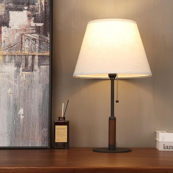 21" Table Lamps for Night Stands Bedside Lamp for Living Room Bedroom Lamp for End Tables 3-Color Pull Chain Switch Walnut Wood Fabric for Home/Office/Desk Decor (Off White+Sand Black)
