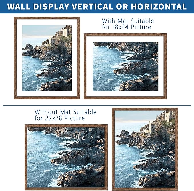 22x28 Frame Set of 2, Rustic Brown Wood Style - Display 18x24 Picture Frame with Mat or 22 x 28 Poster Frame without Mat, Wall Mounting Horizontal and Vertical