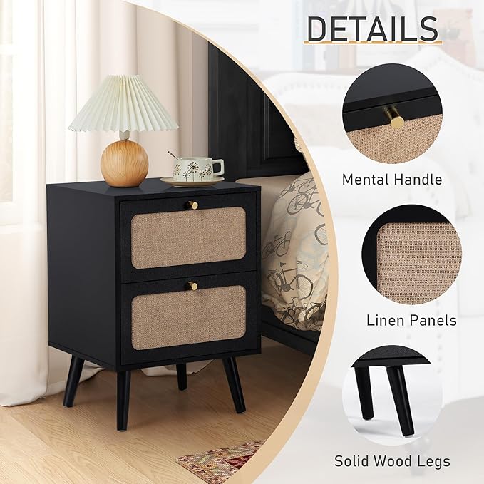 Mid Century Night Stand Set of 2, Modern Nightstand with 2 Drawers & Curved Linen Panel, Farmhouse End Table Wood Bedside Table Small Side Tables for Small Space, Bedroom (Black)
