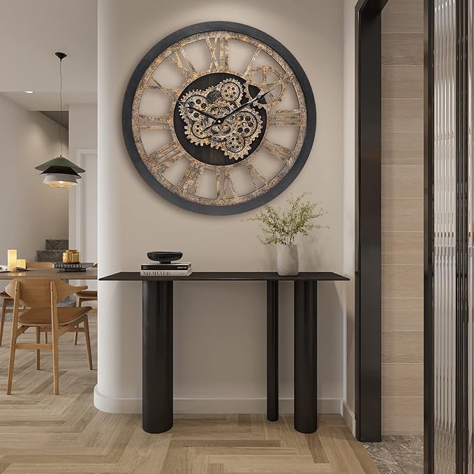 HOIBAI Wall Clock for Living Room Decor, Large, 24 in (60cm), Moving Gear, Farmhouse Vintage Industrial Oversized Wall Clock