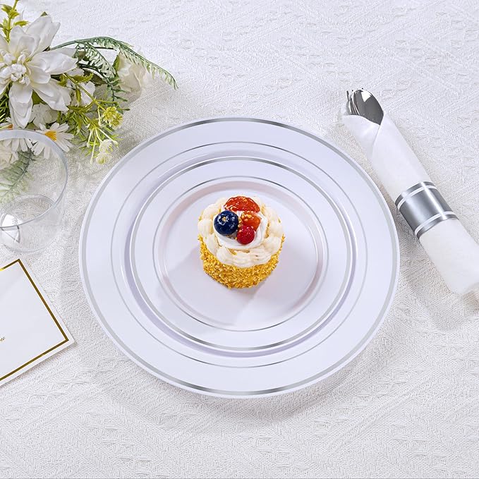 DaYammi 210PCS Silver Plastic Dinnerware Set for 30 Guests, Fancy Disposable Plates for Party, Include: 30 Dinner Plates, 30 Dessert Plates, 30 Pre Rolled Napkins with Silver Silverware, 30 Cups