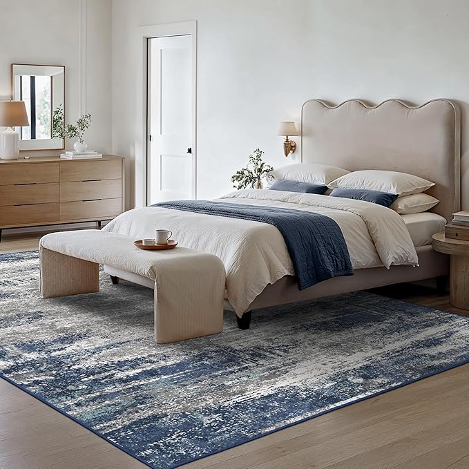 GENIMO Area Rugs 9x12 Living Room, Large Machine Washable Rug Non-Slip, Abstract Modern Soft Low Pile Rugs for Bedroom, Playroom, Dining Room, Blue/Ivory