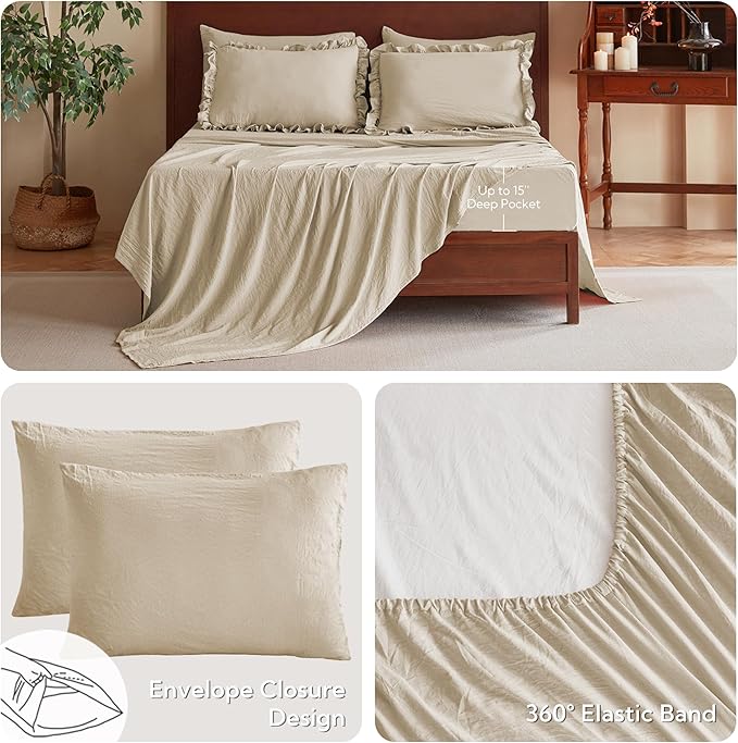 MR&HM Ruffle Comforter Set, Twin Comforter Sets for College Dorm,Linen Boho Bed in a Bag Set 5 Pieces with 1 Comforter,1 Flat Sheet, 1 Fitted Sheet,1 Pillowcases & 1 Pillow Shams for All Seasons