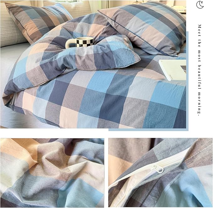 VM VOUGEMARKET Blue Plaid Duvet Cover Sets Queen,Soft Washed Cotton 3 Pieces Gingham Duvet Cover with Zipper Closure for Teen Boys Girls Simple Modern Bedding Set (Blue/Grey/Beige)