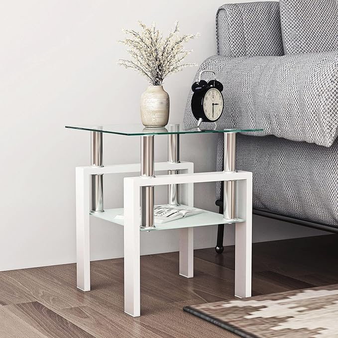 IANIYA Modern Glass End Table, 2-Tier Side Table with Tempered Glass Top & Metal Legs, Night Stand Corner for Living Room, Bedroom, White