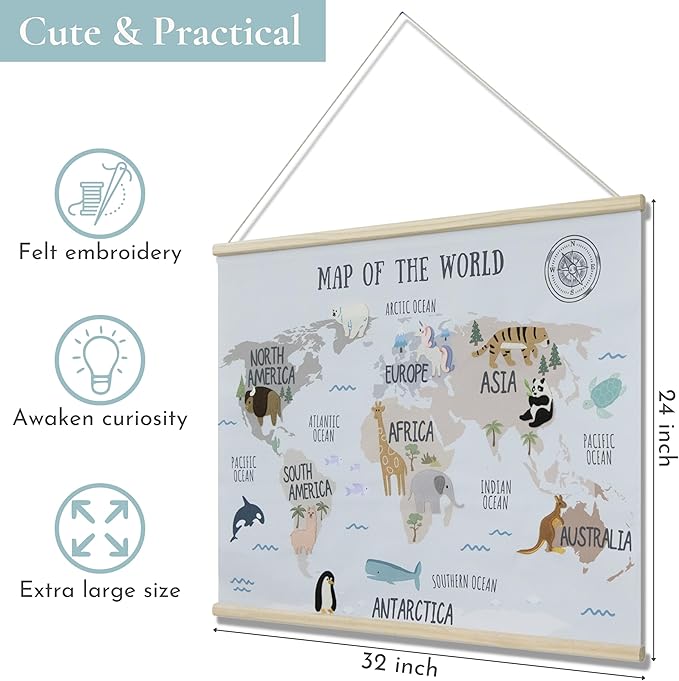 32 x 24 Inch Embroidered World Map Poster for Kids with Wood Hanger – Neutral Wall Décor for Boys and Girls Nursery, Bedroom and Playroom