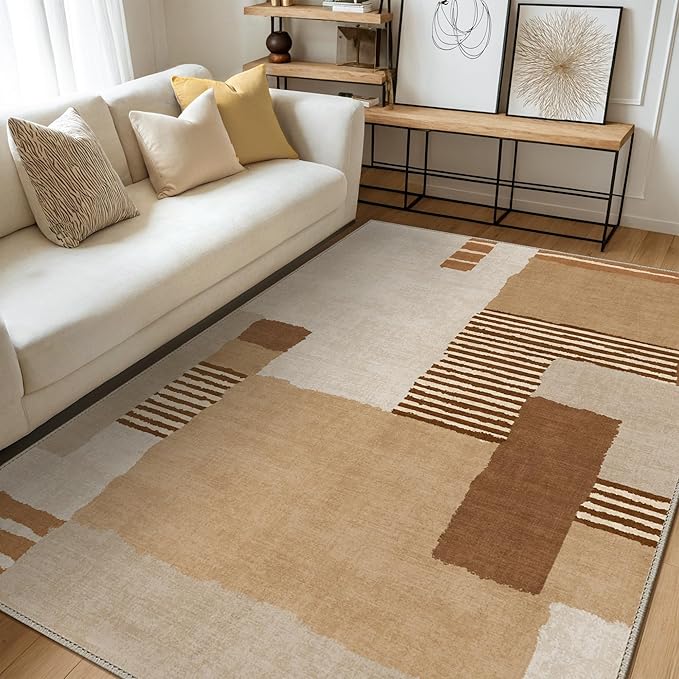 GENIMO Washable Area Rugs for Living Room Bedroom, 8x10 Modern Abstract Stripe Non Slip Rug, Low Pile Soft Contemporary Indoor Floor Carpet Cover for Dining Room Kitchen, Orange Brown