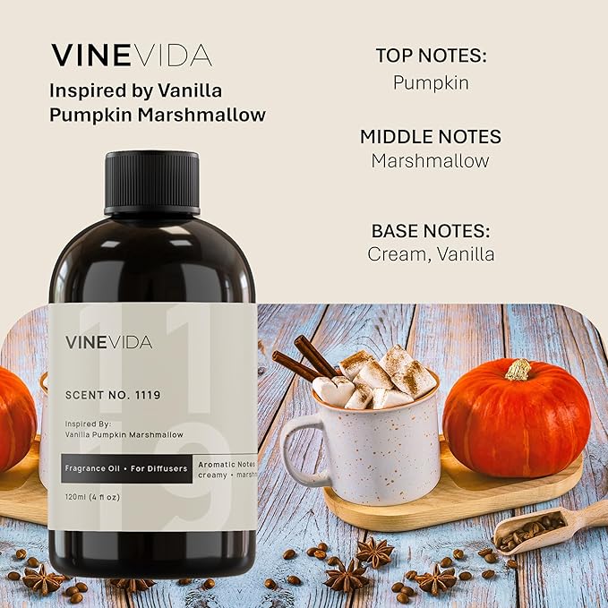 VINEVIDA [4 Fl Oz] Scent NO. 1119 Fragrance Oil for Cold Air Diffusers, Aromatic Notes of Marshmallow Cream Pumpkin, Essential Oils for Diffuser Oil Refill & Air Freshener Room Spray