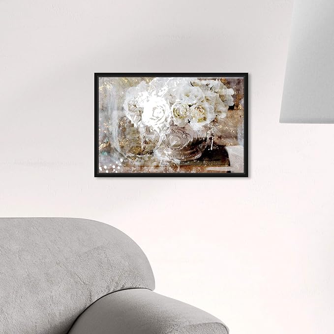 The Oliver Gal Artist Co. Floral and Botanical Framed Wall Art Canvas Prints 'Serving Roses' Florals, White/Gold, 15" x 10"