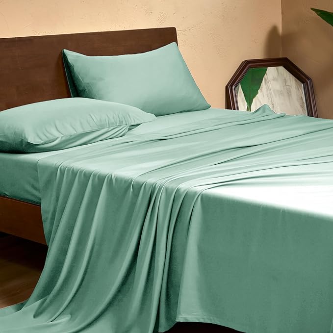 EVERLY Twin Sheets Set,Luxuriously 400 Thread Count Organic Viscose Derived from Bamboo Bed Sheet,Cooling Sheets for Twin Size 3 Piece Deep Pockets Bedding Sheets &Pillowcases-Water Green