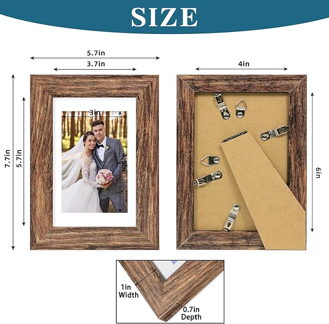 4x6 Picture Frame Set of 2, Made of Real Glass and Rustic Brown Wooden Frame - Display Pictures 3.5x5 with Mat or 4x6 Without Mat, 4 by 6 Photo Frame for Wall or Tabletop Display