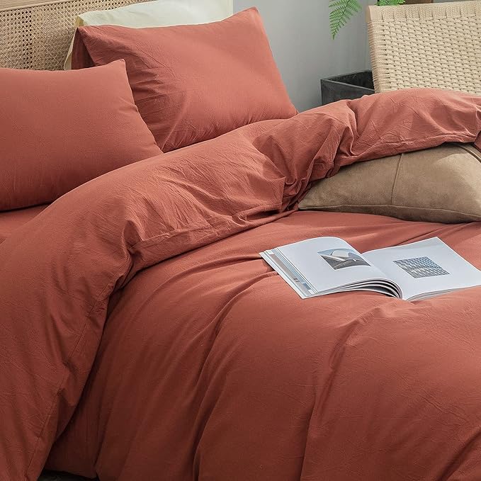 BESTOUCH Duvet Cover Set 100% Washed Cotton Linen Feel Super Soft Comfortable Chic Lightweight 3 PCs Home Bedding Set Crimson Red King