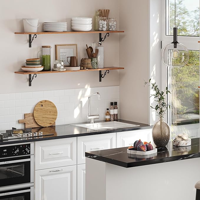 DINZI LVJ Long Wall Shelves, 47.3 Inch Large Floating Shelves Set of 4, Wide Display Shelf Wall Mounted with Brackets, Easy Hanging for Living Room, Toilet, Office, Bedroom, Rustic Brown