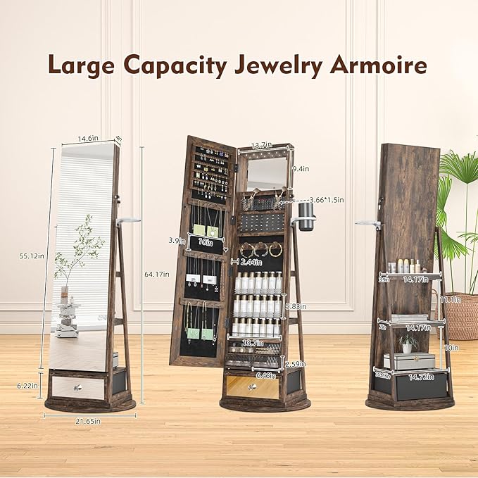 Mirror Jewelry Cabinet Standing, 360° Swivel Jewelry Armoire with 6 LED Lights, Rotatable Mirror Jewelry Organizer, Rustic Brown