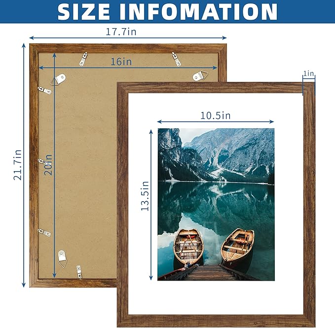 16x20 Frames Set of 2, Rustic Brown Wood Style - Display 16 x 20 Picture without Mat or 11x14 Picture with Mat, Wall Mounting Horizontal and Vertical