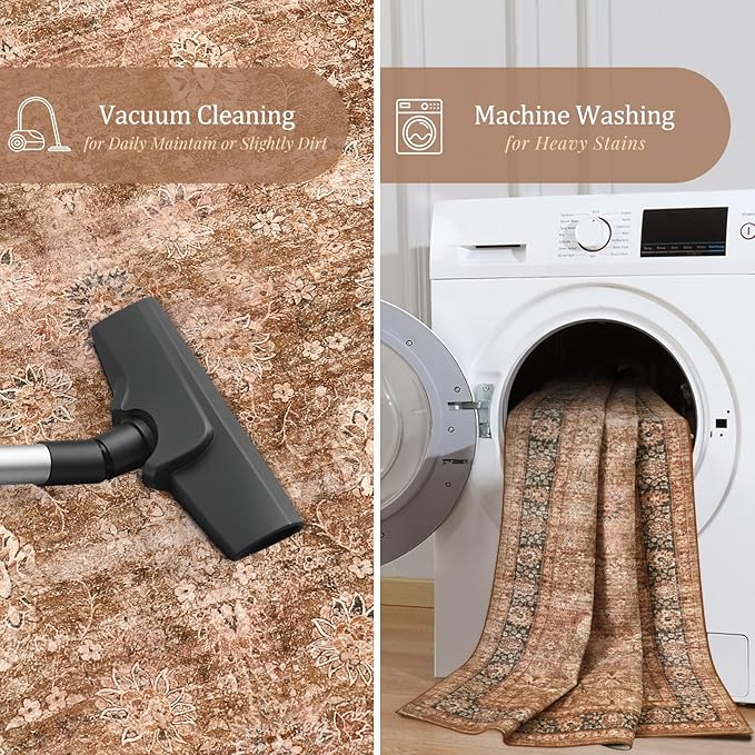 Morebes Vintage Washable 3x5 Rugs for Entryway, Boho Bedroom Area Rug Non Slip Aesthetic Soft, Distressed Non-Shedding Floral Carpet for Kitchen Foyer Bedside Playroom,Brown