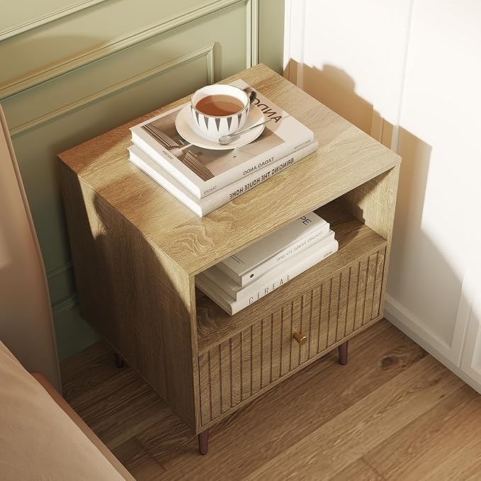 Wood Night Stand Set 2,Modern Bedside Table with Door and Open Storage,Fluted Nightstand and Wood End Side Table with Rose Gold Metal Legs and Handles for Bedroom,Living Room,Natural