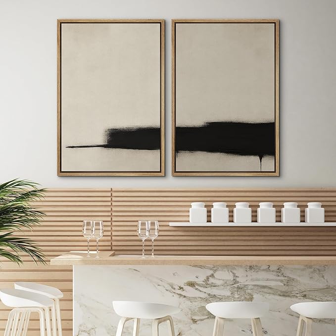 SIGNWIN Framed Wall Art Print Set Minimalist Black Brushstroke Abstract Neutral Beige and Black Illustrations Modern Art Rustic Relax/Calm for Living Room, Bedroom, Office - 24"x36"x2 NATURAL