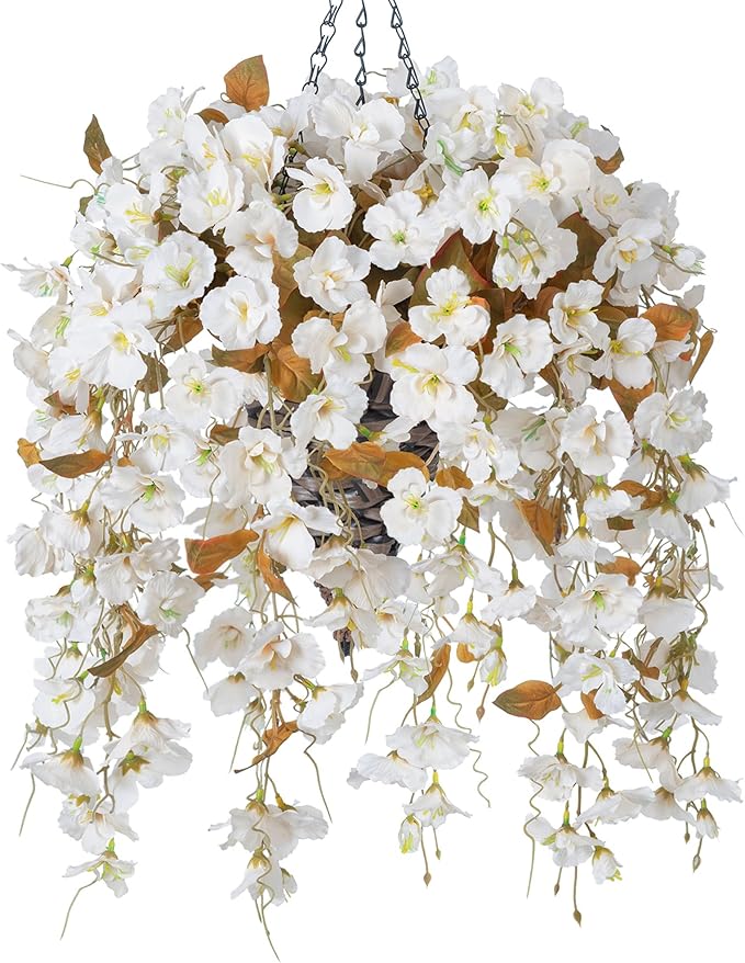 Ivydale Artificial Fall Hanging Flowers with Basket for Outdoors, Fake Hibiscus Vines Faux Hanging Plants UV Resistant Realistic Silk Flowers for Outside Planters Home Patio Porch Balcony, Fall White