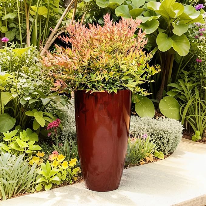 ZMTECH 21 Inch Tall Outdoor Planters Set of 2 Round Tall Plant Pots for Outdoor/Indoor with Shelf Inset, Wine Red Glossy Smooth Finish - Large Plastic Pots with Drainage Holes for Front Porch Patio