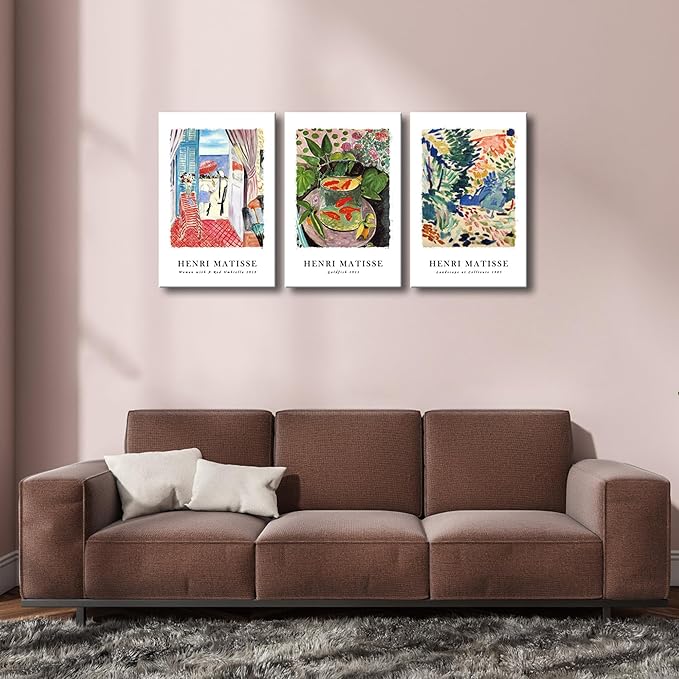 Wieco Art Canvas Wall Art 3 Piece Henri Matisse Aesthetic Posters Woman with A Red Umbrella Goldfish Landscape at Collioure Art Exhibition Matisse Prints Posters for Home Decorations