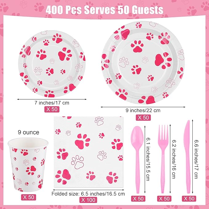 400 Pieces Pink Paw Disposable Party Tableware Sets Dog Puppy Supplies Including Plates Cups Napkins Cutlery Serves 50 for Birthday Puppy Theme Party Decorations