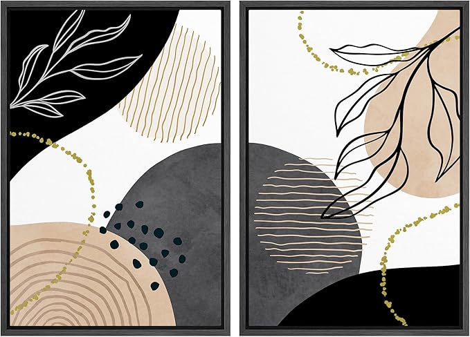 SIGNFORD Framed Canvas Print Wall Art Set Mid-Century Nordic Geometric Ring Plants Abstract Shapes Illustrations Modern Art Decorative Bohemian for Living Room, Bedroom, Office - 16"x24"x2 Black