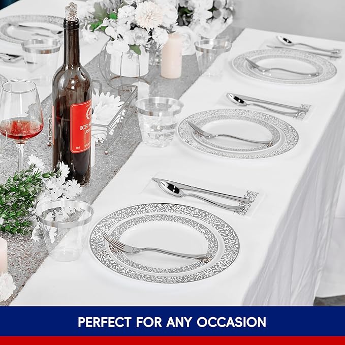 𝟐𝟏𝟎 Count Silver Plastic Dinnerware, Silver Disposable Plates, Includes 30 Dinner & 30 Dessert Plates & 30 Cups & 30 Paper Napkins & 30 Plastic Silverware Set