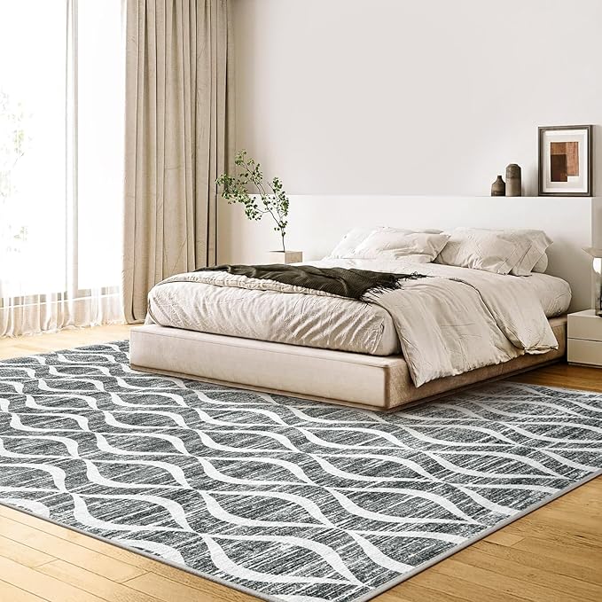 WITSHOCK Boho 8x10 Rugs for Bedroom - Washable Non-Slip Large Thin Indoor Rug for Living Room Dining Room, Soft Modern Geometric Low Pile Print Dark Grey Carpet for Nursery, Kid & Pet Friendly