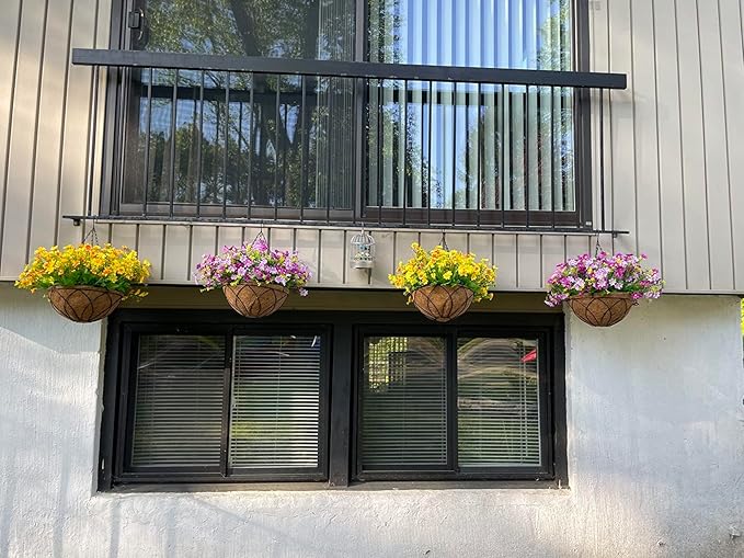 Artificial Hanging Flowers with Basket,Fake Daisy Flowers in 12 inch Coconut Lining Hanging Baskets for The Decoration of Courtyard, Indoors, and Outdoors(Violet)
