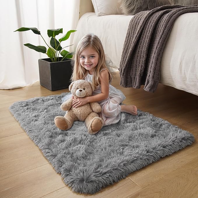 Small Bedside Rug, 2x3 Non Slip Fluffy Shaggy Entryway Throw Rugs for Bedroom Living Room, Indoor Floor Carpet for Kids Girls and Boys, Nursery Rooms Mat, Home Decor Aesthetic, Light Grey