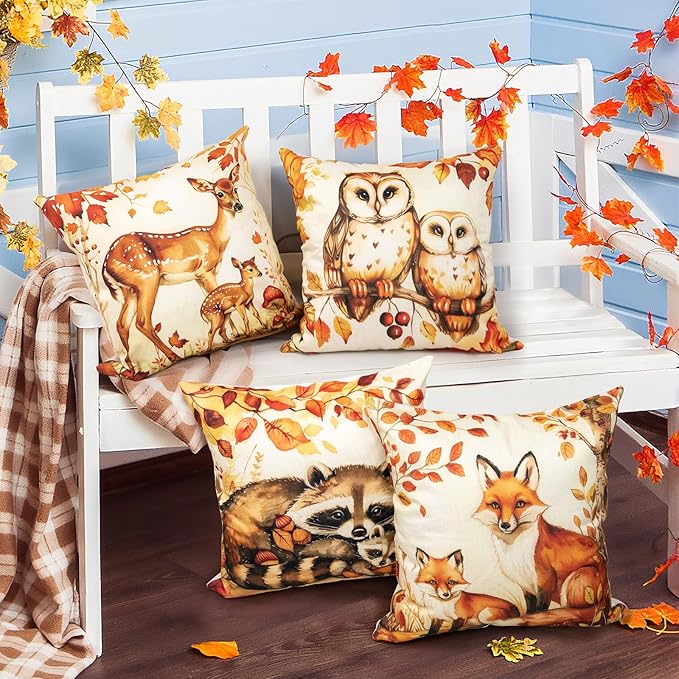 Animal Family Theme Fall Pillow Covers 20x20 Inch Set of 4, Burnt Orange Rust Decorative Autumn Thanksgiving Harvest Home Decor for Sofa Couch Living Room
