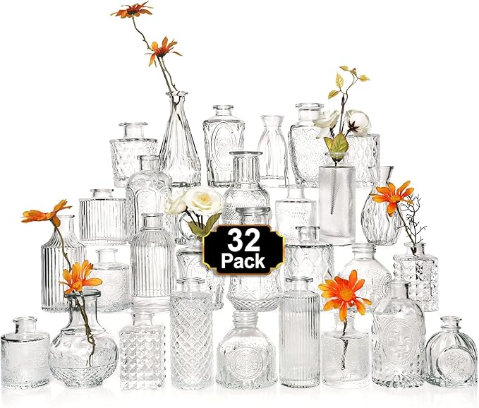 Arme Glass Bud Vase Set of 32 Pcs，Small Glass Vases for Flowers，Clear Bud Vases in Bulk，Vintage Vases for Centerpieces，Small Glass Bud Vase for Rustic Wedding Decorations，Home Table Flower Décor