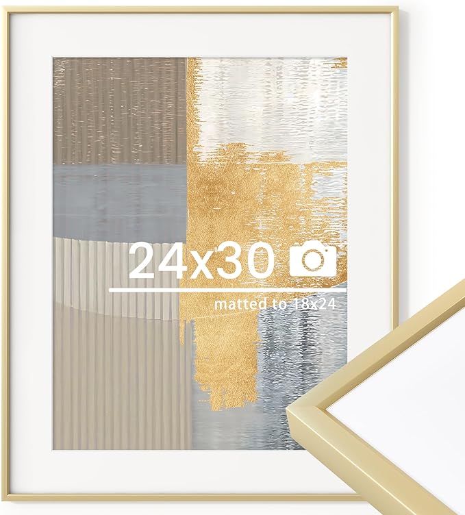 24x30 inch Metal Poster Frame - 24 x 30 Thin Aluminum Picture Frames Matted for 18x24 Photos, Artworks, Prints, Puzzle - High Definition Plexiglass - Vertical and Horizontal Display - Wall Hook Hanging Hardware Included - Gold, Set of 1
